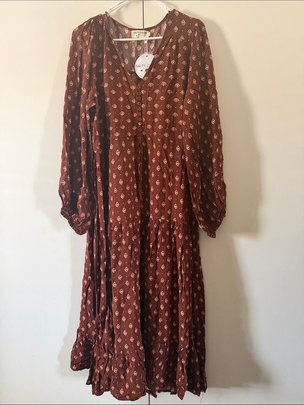 Salty Crew Women's Rust Printed Tiered Long-Sleeve Midi Dress